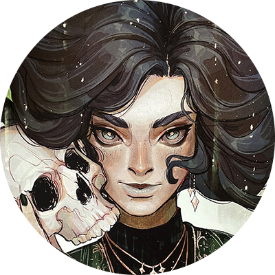 Artistic illustration of a woman with dark hair and a skull, on a white background