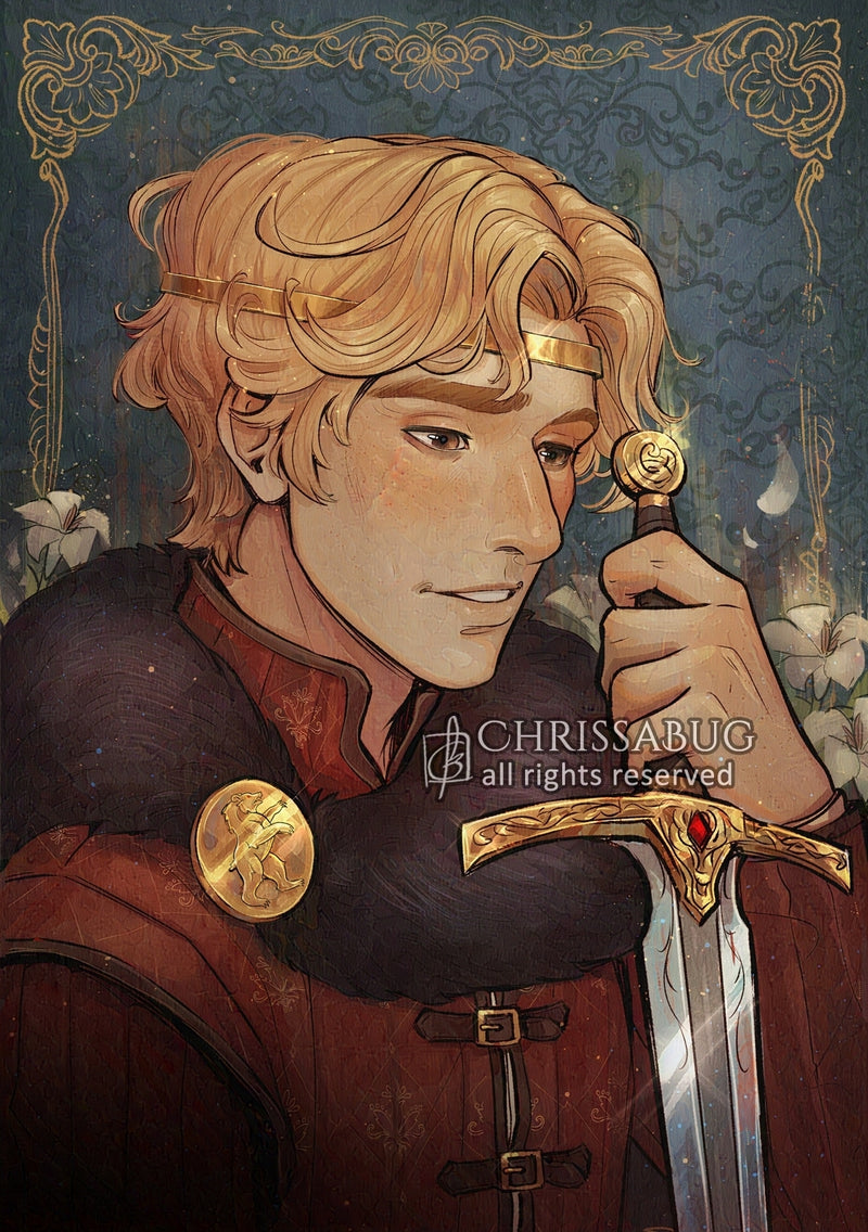 Illustration of a portrait of young King Arthur holding a sword with intricate details, a fur mantle, and a bear pendant.