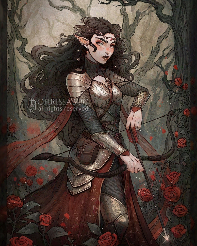 An illustration of an Elven character with armor and bow in a forest setting, surrounded by red roses.