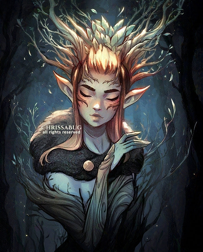 Elven character with intricate hair and branches design and dark watercolor forest background
