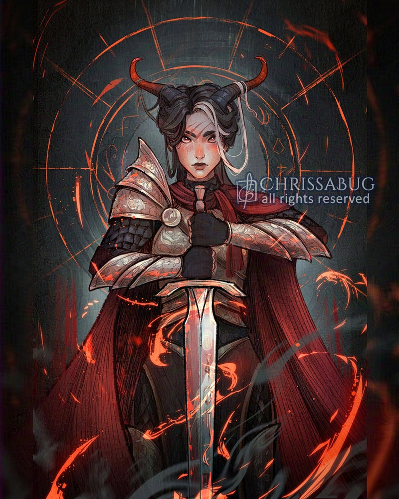 Illustration of a warrior with horns, gold armor, and a red cape holding a sword, with 'CHRISSABUG' logo.