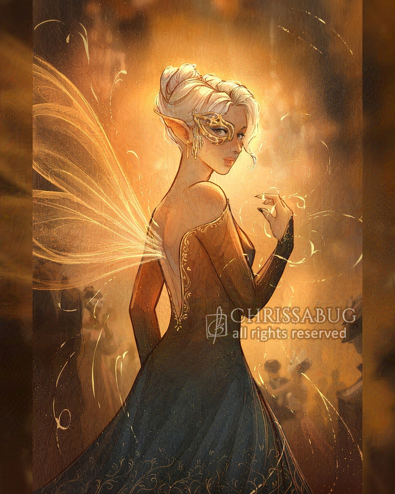 Fairy in a dark dress with glowing wings against a warm, blurred background 