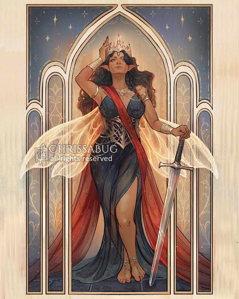 Artistic depiction of a fairy queen with a sword, crown, and golden wings inside a decorative frame.
