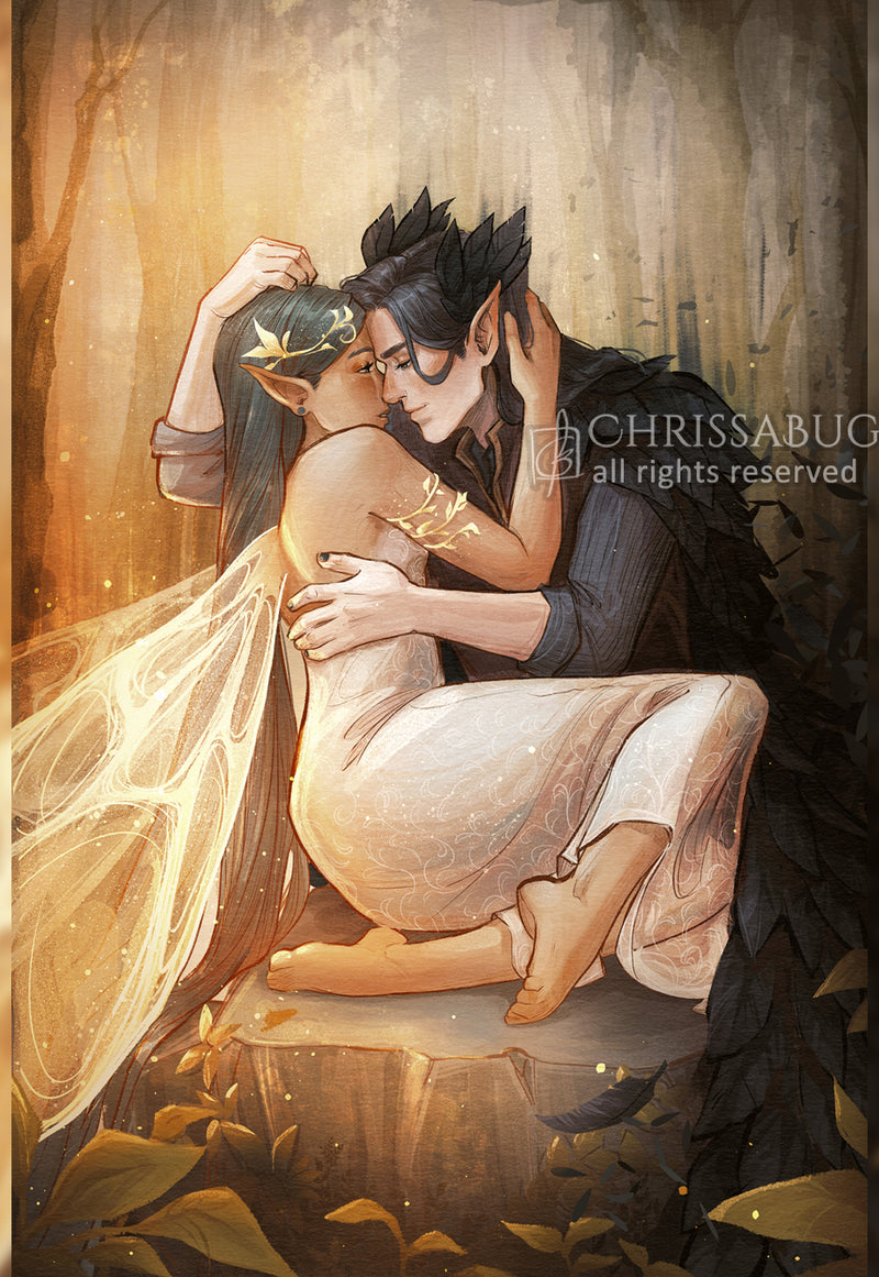 Artistic illustration of two elves embracing in a forest setting, with 'Chrissabug' watermark.