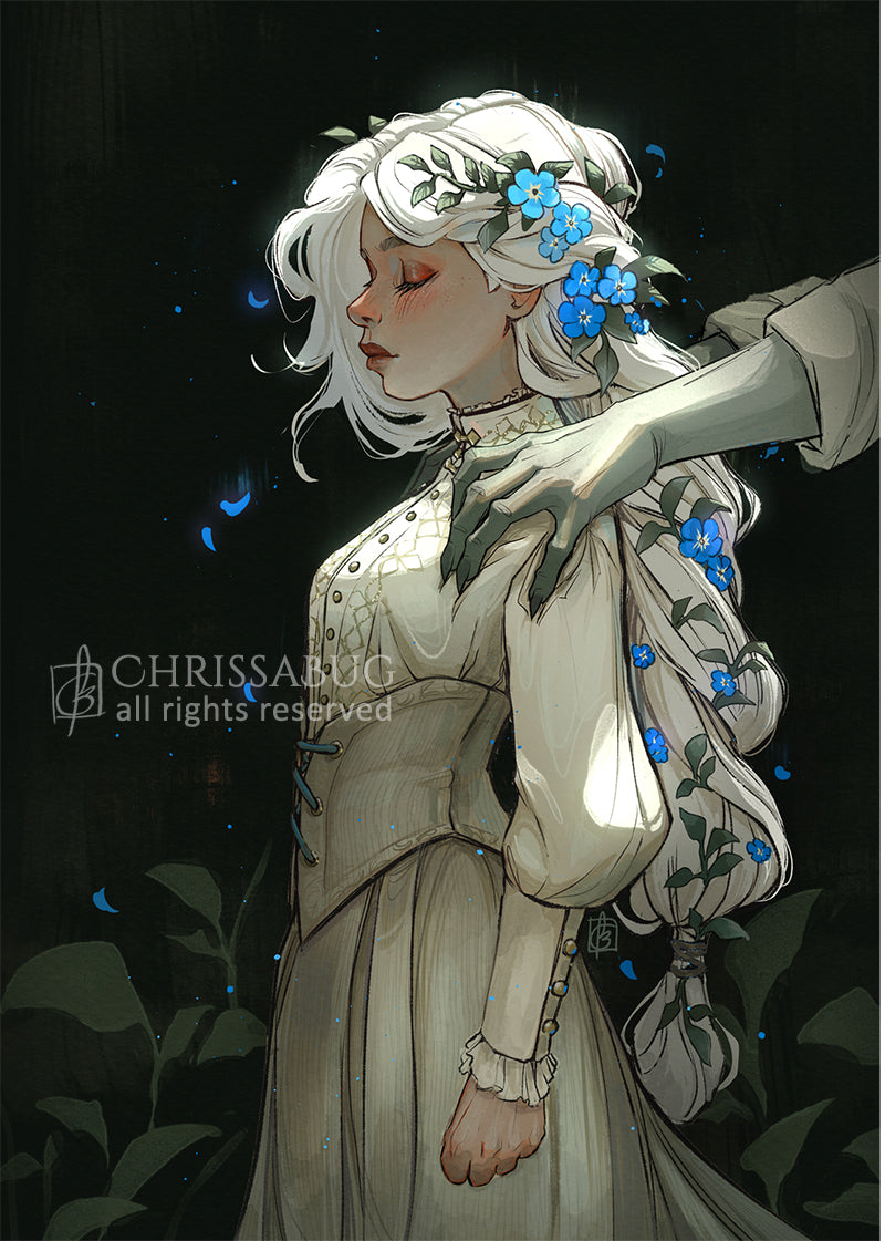 Artistic illustration of a woman with white hair and blue flowers, wearing a white dress against a dark background.  A clawed goblin hand reaches in to grab her shoulder from offscreen 