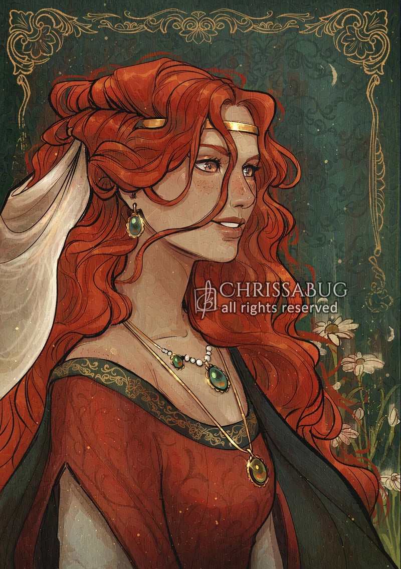 Illustration of Queen Guinevere with red hair and intricate clothing, a veil, and green jewelry.