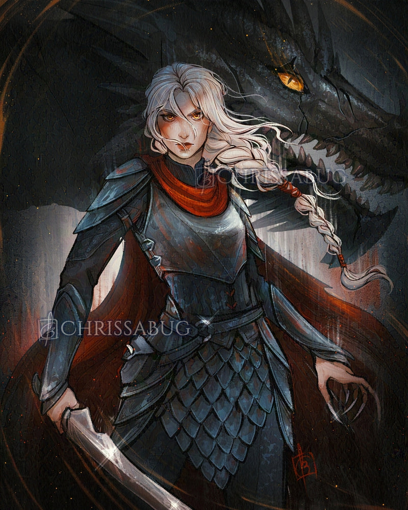 Illustration of Manon Blackbeak from the Throne of Glass series with a white braid, dark scale armor, and a wyvern behind her with a glowing yellow eye