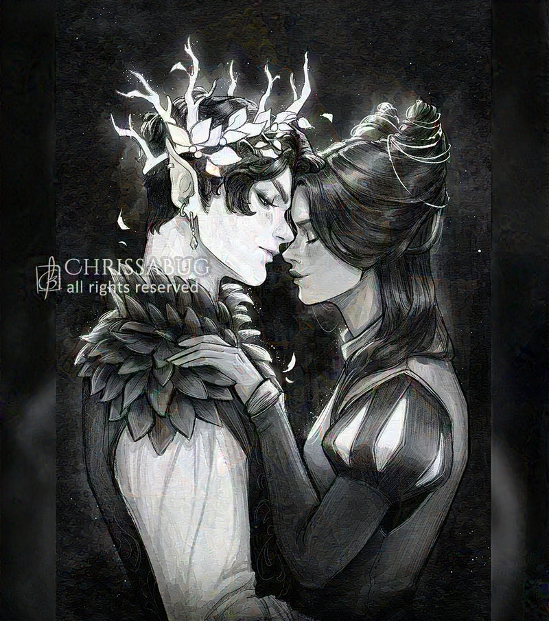 A black and white illustration depicting of two figures (Jude and Cardan from the Cruel Prince) with intricate designs on a dark background