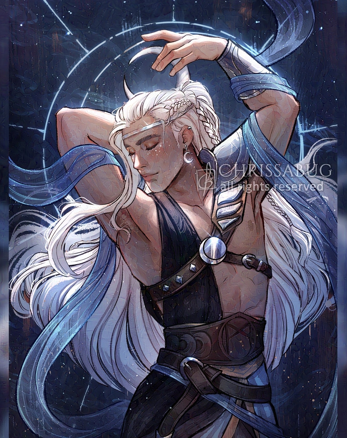 Artistic depiction of the god, Mani, with white hair and armor in a dancing pose in front of the symbol of the moon.