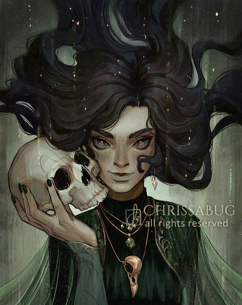 Illustration of character portrait with dark hair floating upwards, an intense gaze, and she is holding a skull.  By ChrissaBug