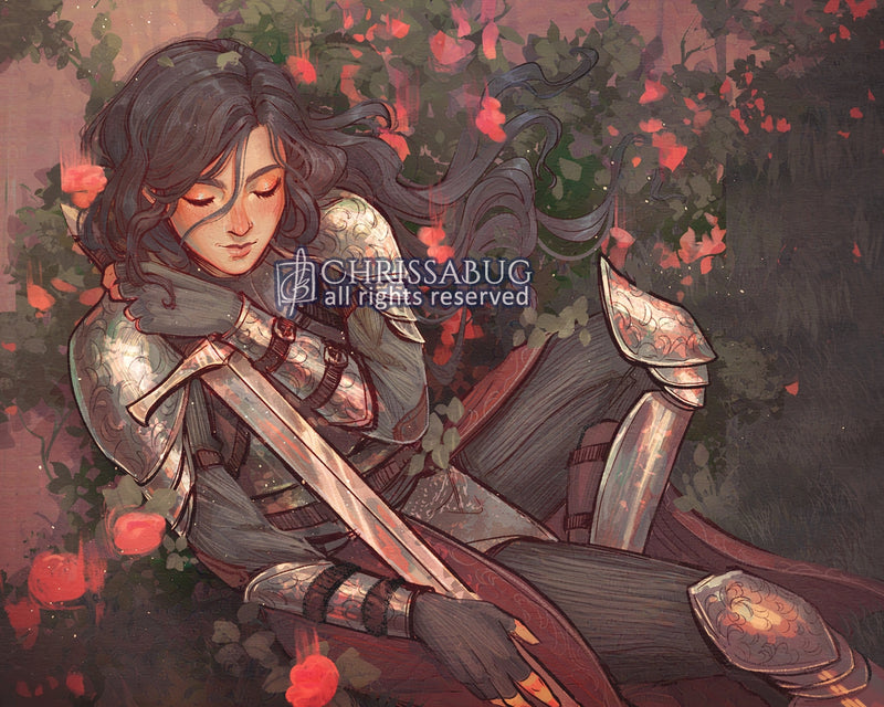 Illustration of a sleeping female knight character with armor and sword , surrounded by foliage and flowers.  By ChrissaBug