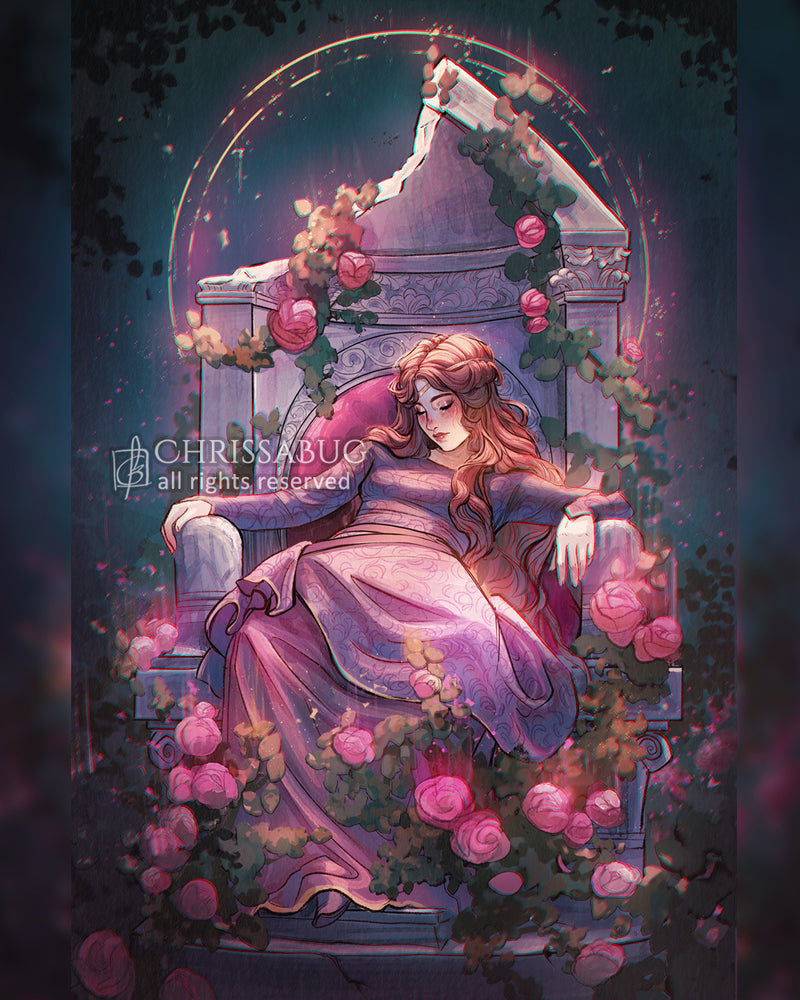 An illustration of a woman (sleeping beauty) in a purple and pink dress, slouching asleep on a crumbling stone throne with roses overgrowing her throne and bench.