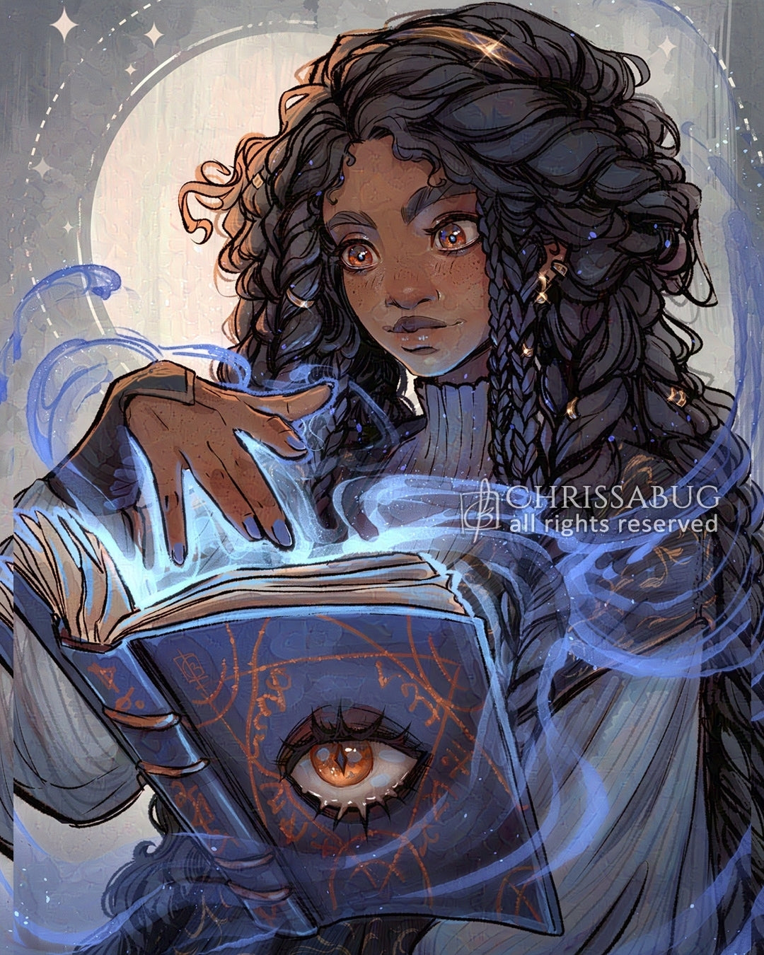 Illustration of a person with long hair holding a book with an eye design, surrounded by mystical energy.