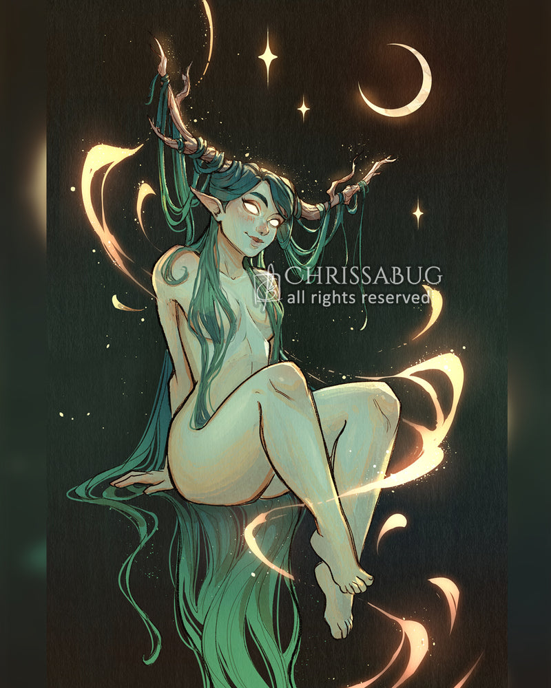 Illustration of a celestial being with green hair and horns, sitting on a dark background with stars and moons.