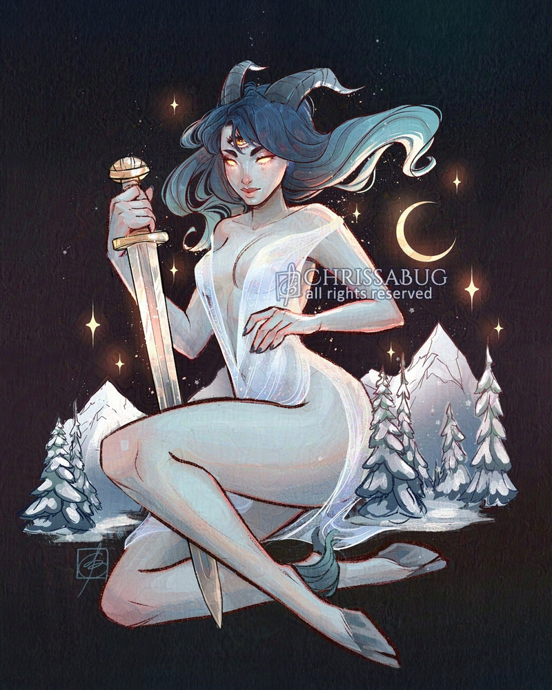 Artistic depiction of a triclopse woman with hooves instead of feet holding a sword in a snowy mountain landscape with stars and moon.
