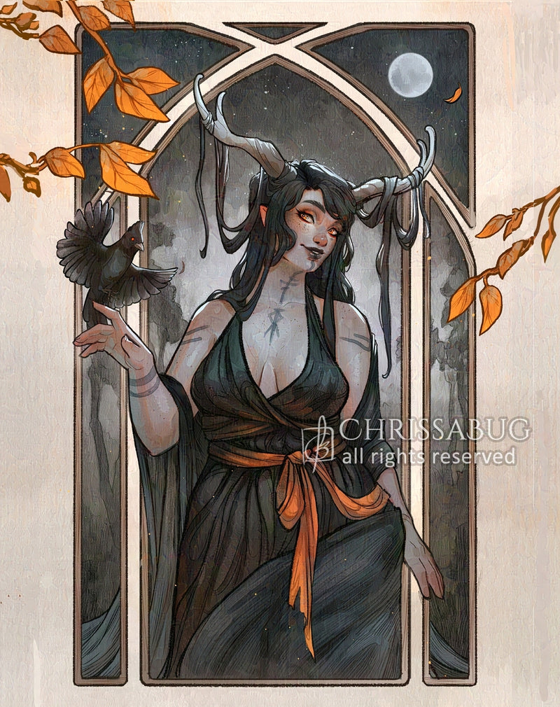 Artistic illustration of a woman with horns holding a black bird, framed by yellow leaves and a moonlit sky.
