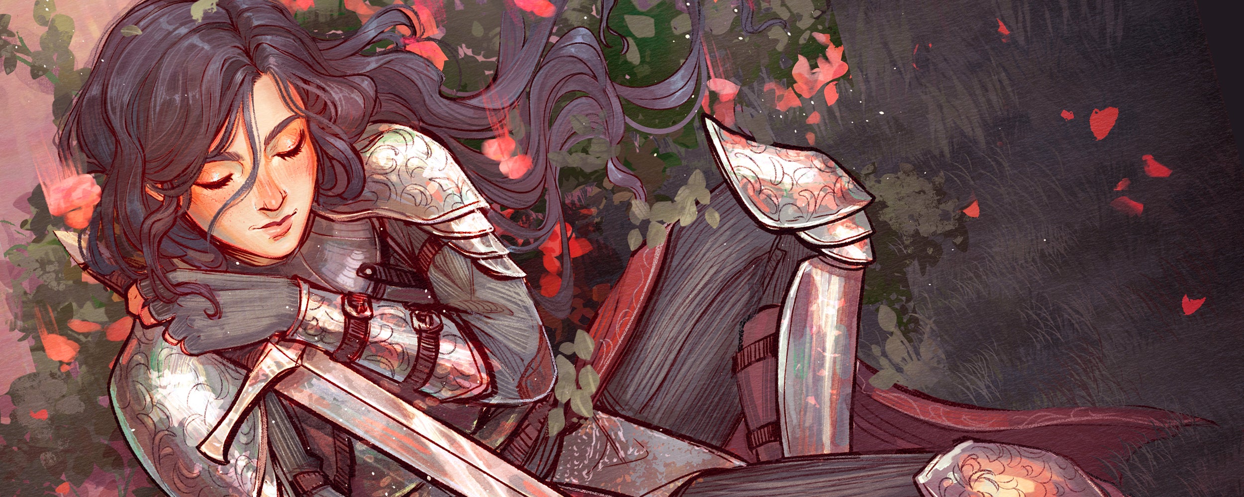 Illustration of a sleeping warrior in armor with a dark background and red accents