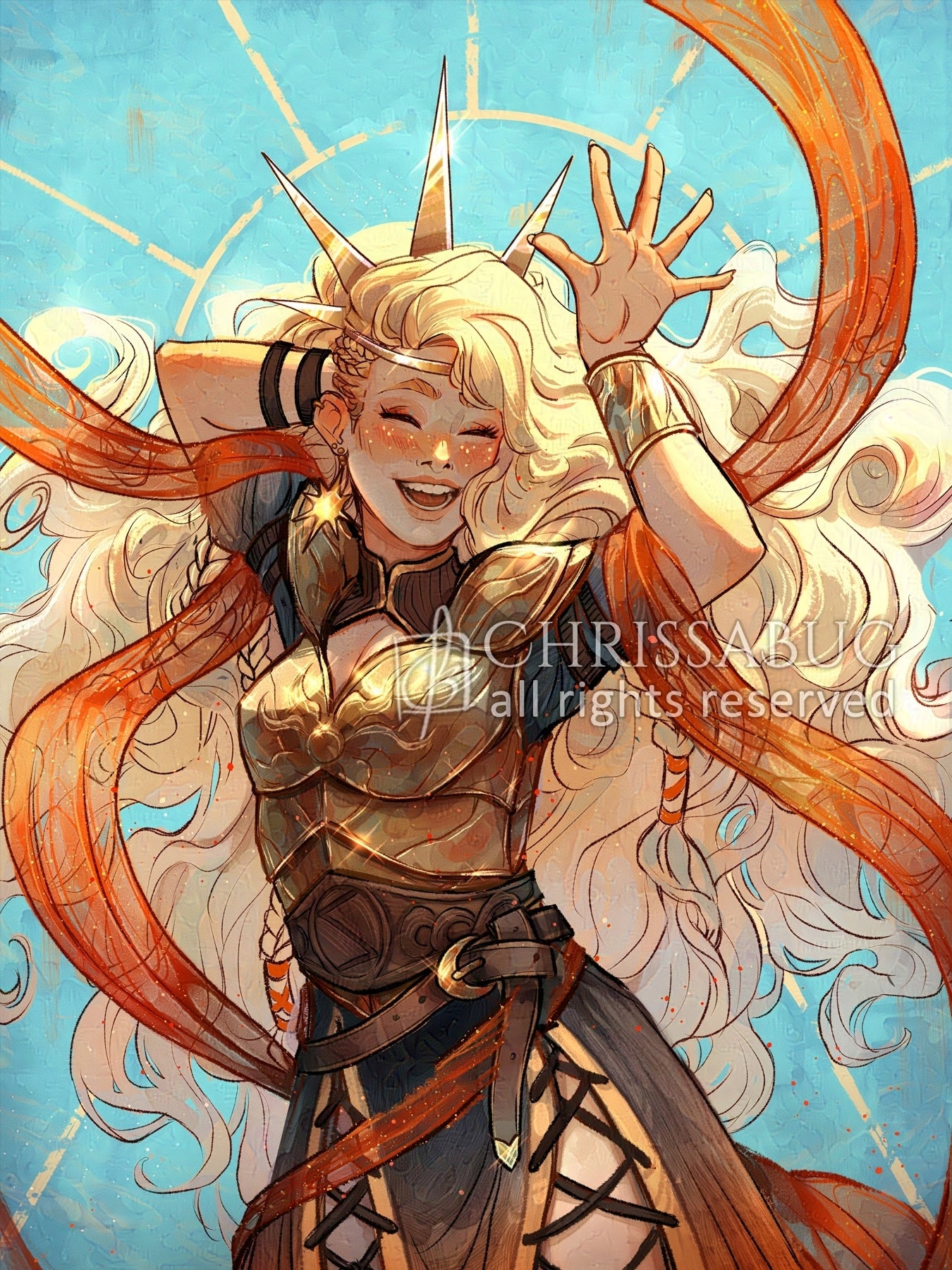 Smiling depiction of the goddess, Sol, with blonde hair and armor against a blue background